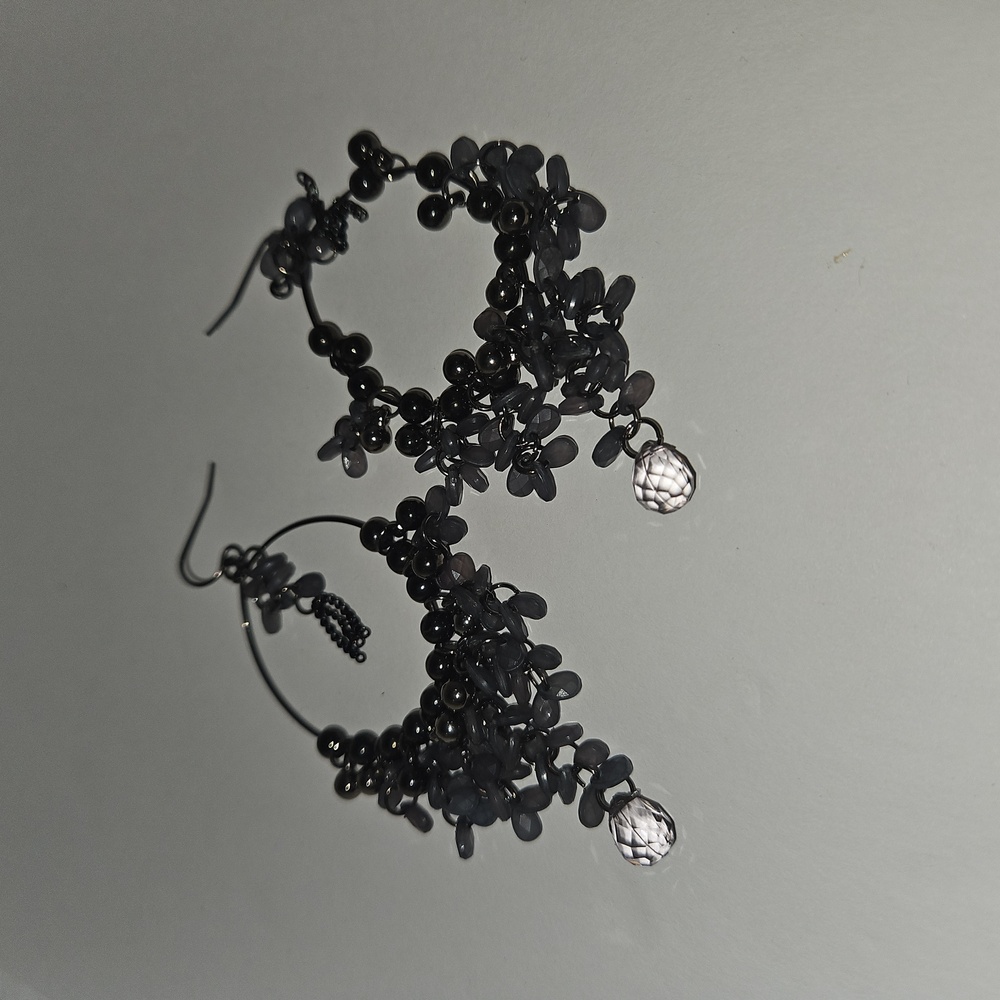 Earrings Black Beads Tear Drop Clear Smokey grey~ Gun Metal Tone hoops